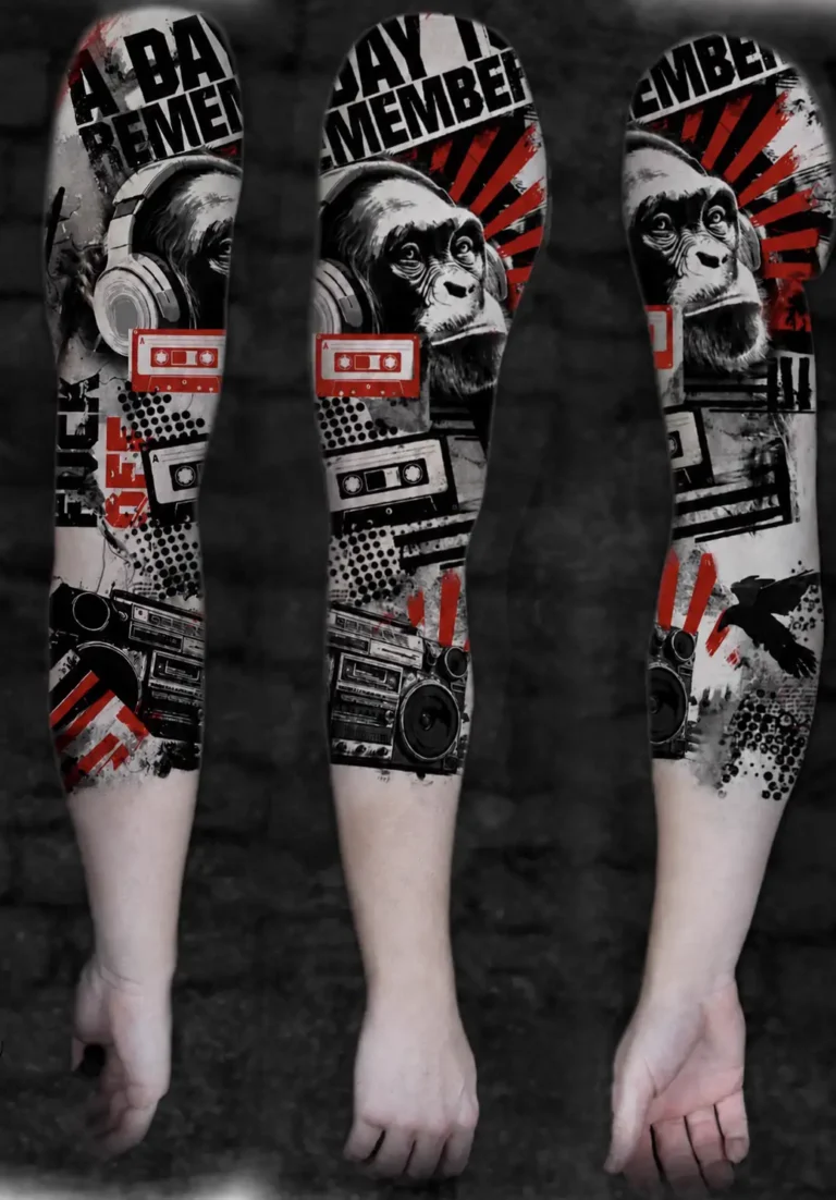 Digitaler Entwurf für ein Trash-Polka-Arm-Sleeve mit Schimpanse, Kopfhörern, Kassette und Ghettoblaster in drei Ansichten