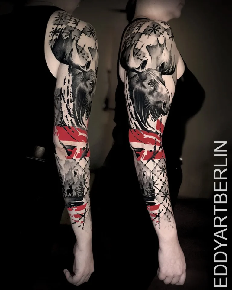 Arm-Sleeve mit Hirsch und Wald im Trash-Polka-Stil, Schwarz-Grau mit Rot