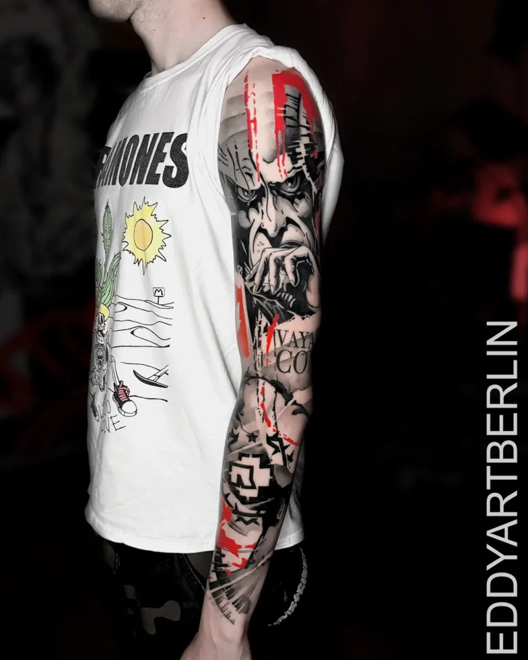 Arm-Sleeve mit Bandlogos im Trash-Polka-Stil, Schwarz-Grau mit roten Akzenten
