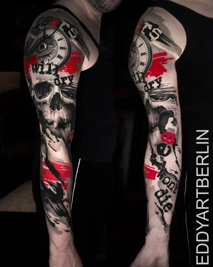 Trash-Polka-Sleeve mit Totenkopf, weinendem Auge und Uhr, Außen- und Innenseite des Arms, Schwarz-Grau mit Rot